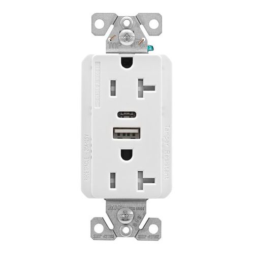 Main product image of Combo Usb Type Aandc Charger, 20A 5-20R Receptacle, White, Usb, Flush, 2-Pole, 3-Wire, 125V, TRUSBAC20W-BOX