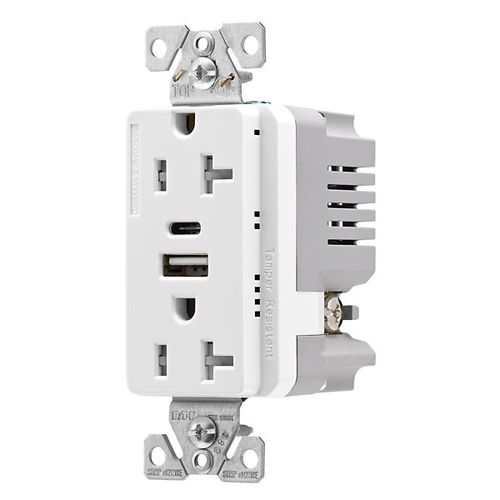 Main product image of Combo Usb Type Aandc Charger, 20A 5-20R Receptacle, White, Usb, Flush, 2-Pole, 3-Wire, 125V, TRUSBAC20W-BOX