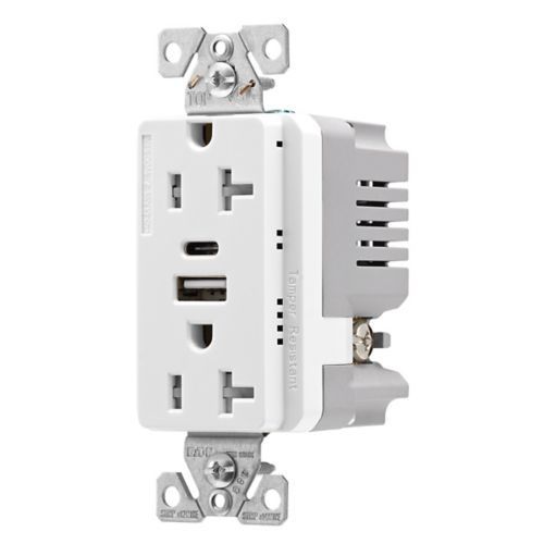 Main product image of Combo Usb Type Aandc Charger, 20A 5-20R Receptacle, White, Usb, Flush, 2-Pole, 3-Wire, 125V, TRUSBAC20W-BX-L
