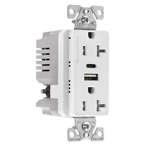 Main product image of Combo Usb Type Aandc Charger, 20A 5-20R Receptacle, White, Usb, Flush, 2-Pole, 3-Wire, 125V, TRUSBAC20W-BX-L