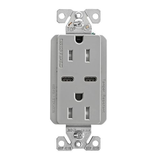 Main product image of Combination Usb Type-C Charger, 15A 5-15R Receptacle, 5A, 125 Vac, Grey, Box, TRUSBC15GY-BOX