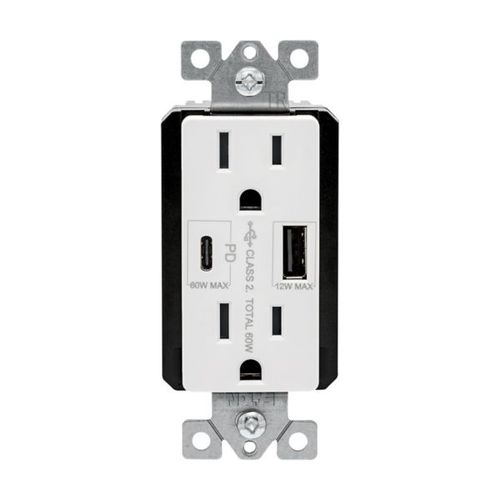 Main product image of Combination Usb Type-Ac Charger With Power Delivery, 15A 5-15R Receptacle, 60W,125Vac, W, TRUSBPDAC15W-BOX