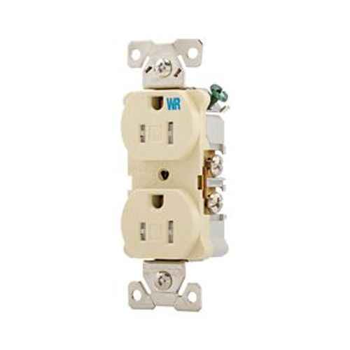 Main product image of Commercial Duplex Receptacle, #14-10 Awg 15A 125V, Back & Side, Ivory, Weather Resistant, TWRBR15V