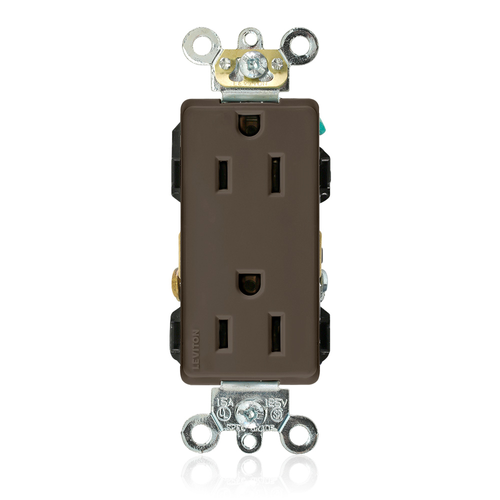 Main product image of Decora Plus Duplex Receptacle Outlet,  Smooth Face, 15A, 125V Back or Side Wire, NEMA 5-15R, 2-Pole, 3-Wire, Self-Grounding (Brown)