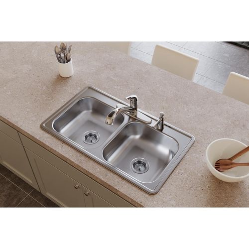Main product image of Dayton Stainless Steel 33" x 19" x 6-7/16" 2-Hole Equal Double Bowl Drop-in Sink