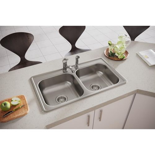 Main product image of Dayton Stainless Steel 33" x 19" x 6-7/16" 2-Hole Equal Double Bowl Drop-in Sink