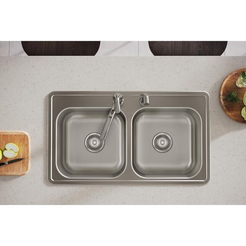 Main product image of Dayton Stainless Steel 33" x 19" x 6-7/16" 2-Hole Equal Double Bowl Drop-in Sink
