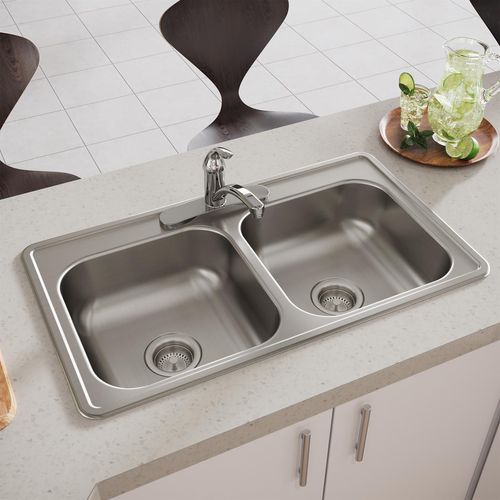 Main product image of Dayton Stainless Steel 33" x 19" x 6-7/16" 3-Hole Equal Double Bowl Drop-in Sink