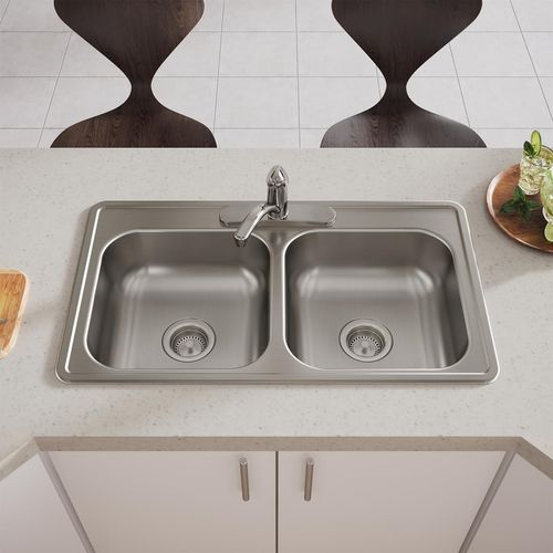 Main product image of Dayton Stainless Steel 33" x 19" x 6-7/16" 3-Hole Equal Double Bowl Drop-in Sink