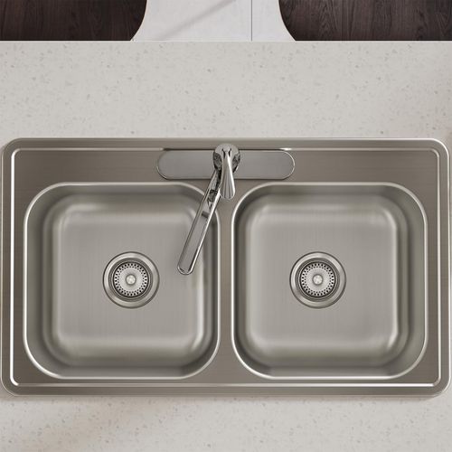 Main product image of Dayton Stainless Steel 33" x 19" x 6-7/16" 3-Hole Equal Double Bowl Drop-in Sink