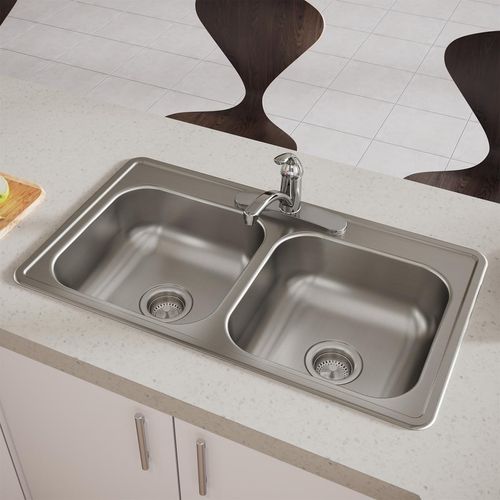 Main product image of Dayton Stainless Steel 33" x 19" x 6-7/16" 3-Hole Equal Double Bowl Drop-in Sink