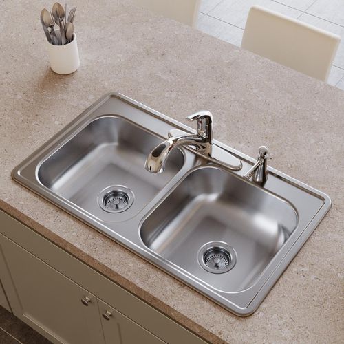 Main product image of Dayton Stainless Steel 33" x 19" x 6-7/16" 4-Hole Equal Double Bowl Drop-in Sink