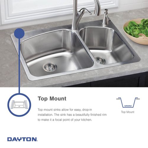 Main product image of Dayton Stainless Steel 33" x 22" x 6-9/16" 3-Hole Equal Double Bowl Drop-in Sink