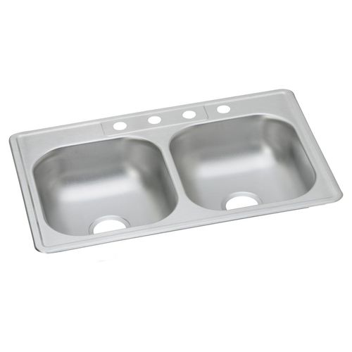 Main product image of Dayton Stainless Steel 33" x 22" x 6-9/16" 4-Hole Equal Double Bowl Drop-in Sink