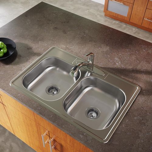 Main product image of Dayton Stainless Steel 33" x 22" x 6-9/16" 4-Hole Equal Double Bowl Drop-in Sink