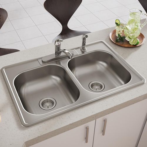 Main product image of Dayton Stainless Steel 33" x 22" x 6-9/16" 4-Hole Equal Double Bowl Drop-in Sink