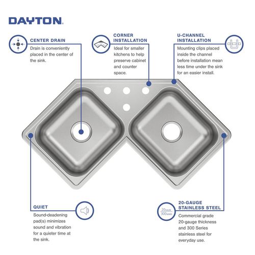 Main product image of Dayton Stainless Steel 31-7/8" x 31-7/8" x 7" 4-Hole Equal Double Bowl Corner Sink