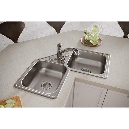 Main product image of Dayton Stainless Steel 31-7/8" x 31-7/8" x 7" 4-Hole Equal Double Bowl Corner Sink