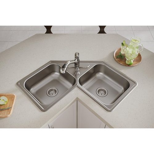 Main product image of Dayton Stainless Steel 31-7/8" x 31-7/8" x 7" 4-Hole Equal Double Bowl Corner Sink