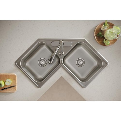Main product image of Dayton Stainless Steel 31-7/8" x 31-7/8" x 7" 4-Hole Equal Double Bowl Corner Sink