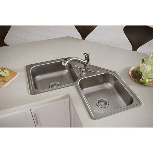 Main product image of Dayton Stainless Steel 31-7/8" x 31-7/8" x 7" 4-Hole Equal Double Bowl Corner Sink