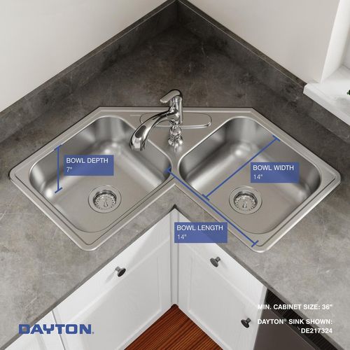 Main product image of Dayton Stainless Steel 31-7/8" x 31-7/8" x 7" 4-Hole Equal Double Bowl Corner Sink