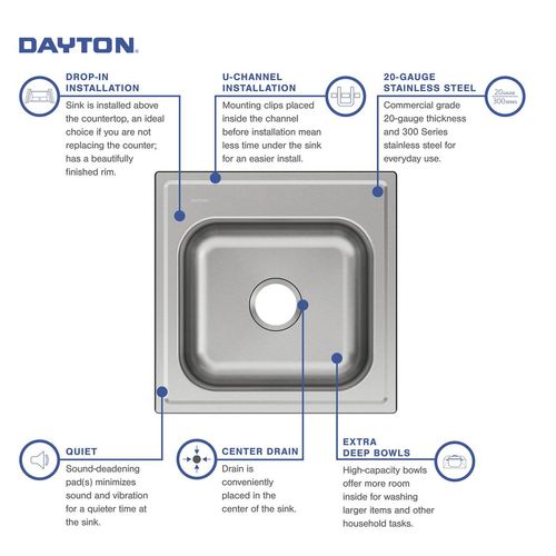 Main product image of Dayton Stainless Steel 20" x 20" x 10-1/8", 0-Hole Single Bowl Drop-in Laundry Sink