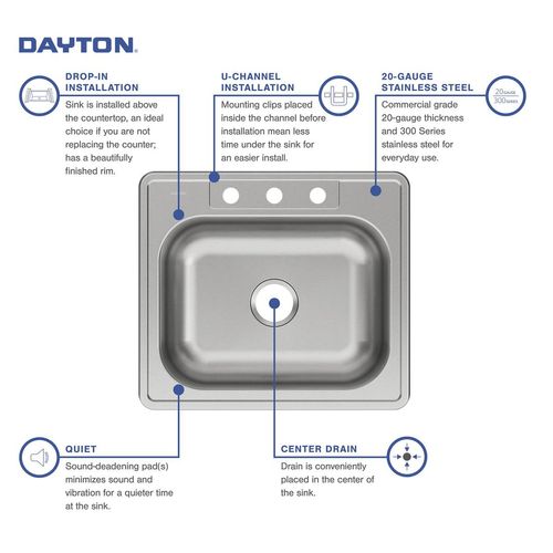 Main product image of Dayton Stainless Steel 25" x 22" x 8-1/16" 3-Hole Single Bowl Drop-in Sink