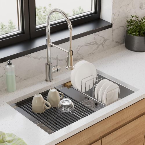 Main product image of Crosstown 18 Gauge Workstation Stainless Steel 31-1/2" x 18-1/2" x 9" Equal Double Bowl Undermount Sink & Faucet Kit w/ Aqua Divide
