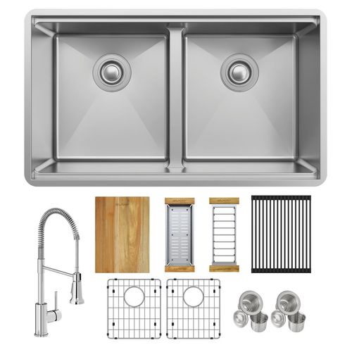 Main product image of Crosstown 18 Gauge Workstation Stainless Steel 31-1/2" x 18-1/2" x 9" Equal Double Bowl Undermount Sink & Faucet Kit w/ Aqua Divide