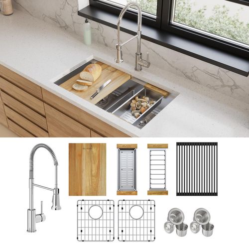 Main product image of Crosstown 18 Gauge Workstation Stainless Steel 31-1/2" x 18-1/2" x 9" Equal Double Bowl Undermount Sink & Faucet Kit w/ Aqua Divide