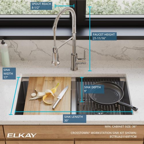 Main product image of Crosstown 18 Gauge Workstation Stainless Steel 31-1/2" x 18-1/2" x 9" Equal Double Bowl Undermount Sink & Faucet Kit w/ Aqua Divide
