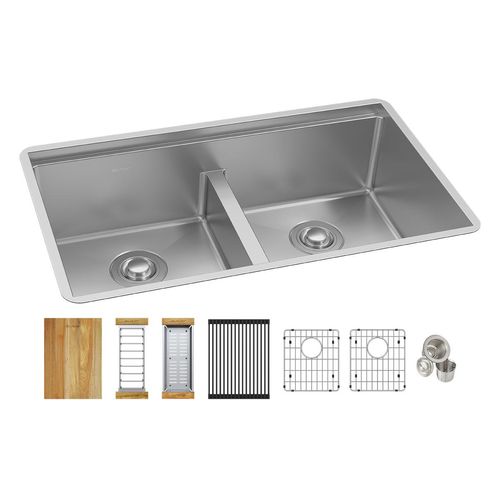 Main product image of Crosstown 16 Gauge Workstation Stainless Steel 31-1/2" x 18-1/2" x 9" Equal Double Bowl Sink Kit w/ Aqua Divide