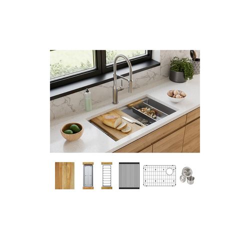Main product image of Crosstown 16 Gauge Workstation Stainless Steel 31-1/2" x 18-1/2" x 9" Equal Double Bowl Sink Kit w/ Aqua Divide