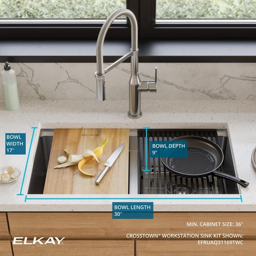 Main product image of Crosstown 16 Gauge Workstation Stainless Steel 31-1/2" x 18-1/2" x 9" Equal Double Bowl Sink Kit w/ Aqua Divide