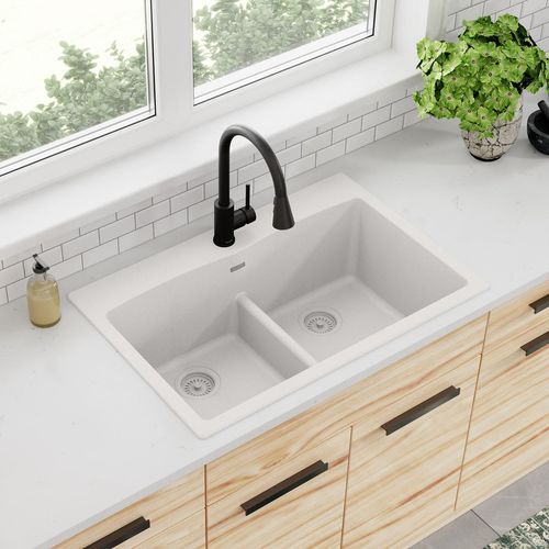 Main product image of Quartz Classic 33" x 22" x 10" Equal Double Bowl Drop-in Sink w/ Aqua Divide (White)
