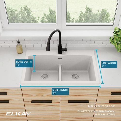 Main product image of Quartz Classic 33" x 22" x 10" Equal Double Bowl Drop-in Sink w/ Aqua Divide (White)