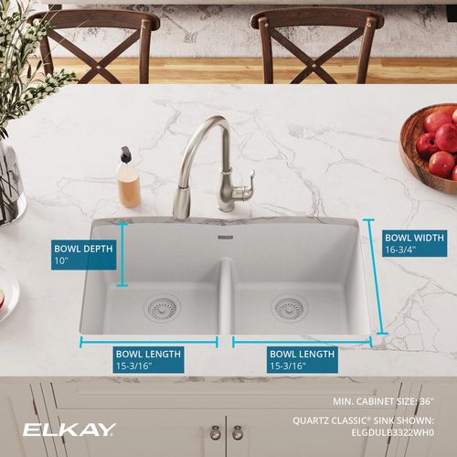 Main product image of Quartz Classic 33" x 19" x 10" Equal Double Bowl Undermount Sink w/ Aqua Divide (White)