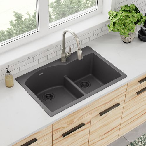 Main product image of Quartz Classic 33" x 22" x 10" Offset 60/40 Double Bowl Drop-in Sink w/ Aqua Divide (Dusk Gray)
