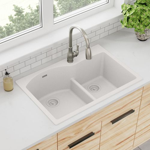 Main product image of Quartz Classic 33" x 22" x 10" Offset 60/40 Double Bowl Drop-in Sink w/ Aqua Divide (White)