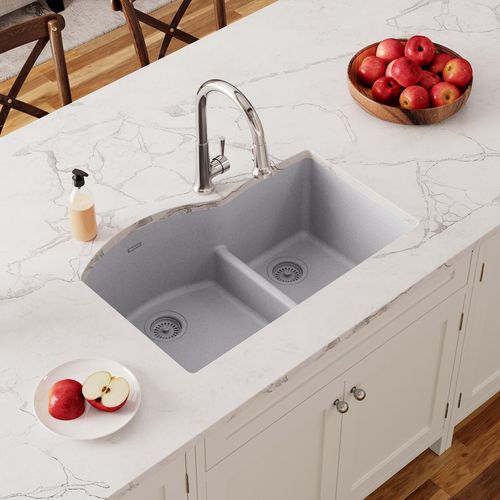 Main product image of Quartz Classic 33" x 22" x 10" Offset 60/40 Double Bowl Undermount Sink w/ Aqua Divide (Greystone)