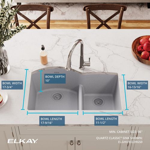 Main product image of Quartz Classic 33" x 22" x 10" Offset 60/40 Double Bowl Undermount Sink w/ Aqua Divide (Greystone)