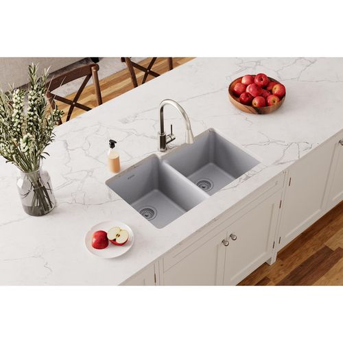 Main product image of Quartz Classic 33" x 20-1/2" x 9-1/2" Offset Double Bowl Undermount Sink (Greystone)