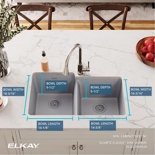 Main product image of Quartz Classic 33" x 20-1/2" x 9-1/2" Offset Double Bowl Undermount Sink (Greystone)