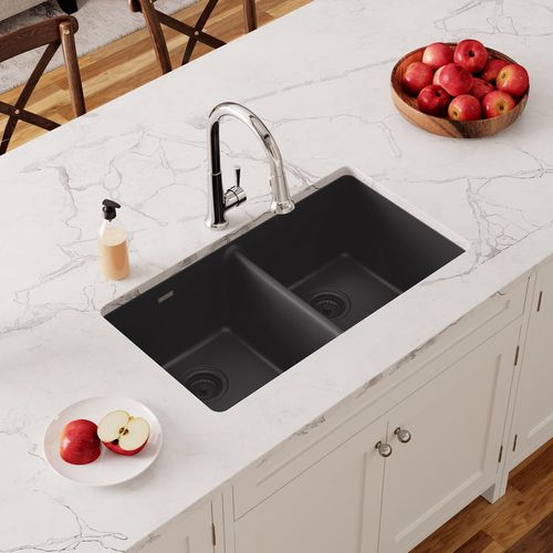Main product image of Quartz Classic 33" x 18-1/2" x 9-1/2" Equal Double Bowl Undermount Sink (Black)