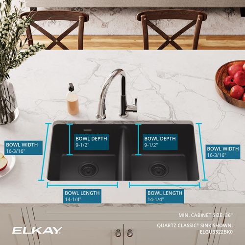 Main product image of Quartz Classic 33" x 18-1/2" x 9-1/2" Equal Double Bowl Undermount Sink (Black)