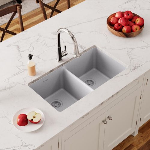 Main product image of Quartz Classic 33" x 18-1/2" x 9-1/2" Equal Double Bowl Undermount Sink (Greystone)