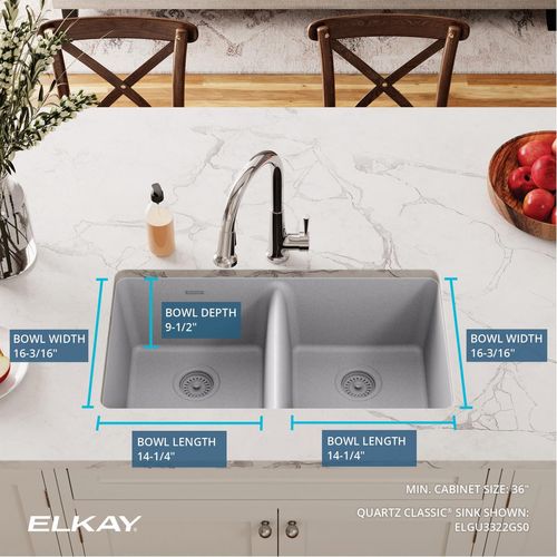 Main product image of Quartz Classic 33" x 18-1/2" x 9-1/2" Equal Double Bowl Undermount Sink (Greystone)
