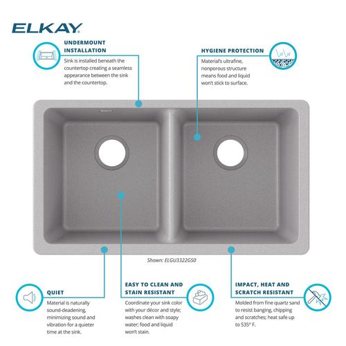 Main product image of Quartz Classic 33" x 18-1/2" x 9-1/2" Equal Double Bowl Undermount Sink (Greystone)