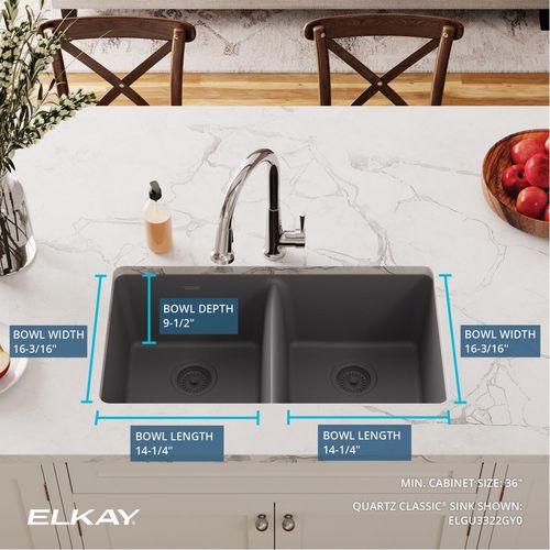 Main product image of Quartz Classic 33" x 18-1/2" x 9-1/2" Equal Double Bowl Undermount Sink (Dusk Gray)